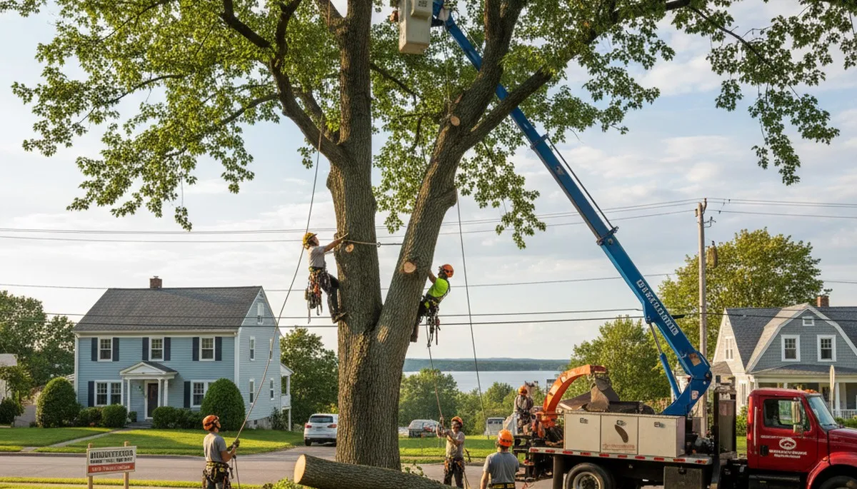 Professional tree removal crew cutting large tree safely at Burlington VT home with bucket truck equipment