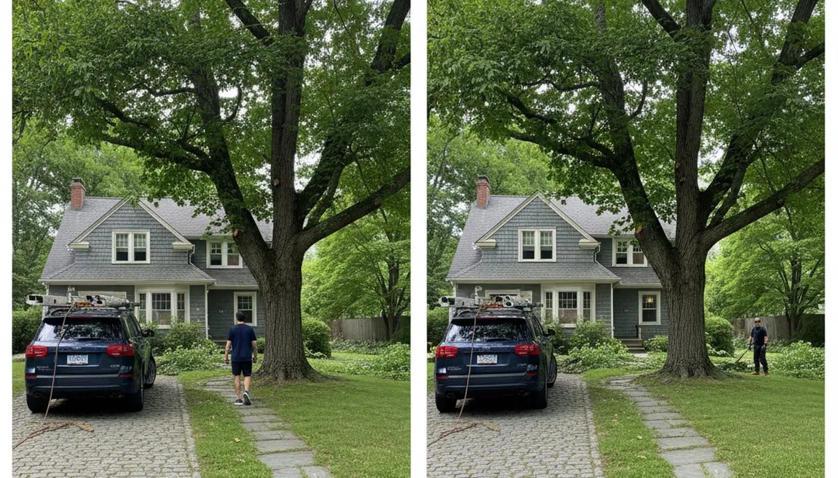 Arborist performing canopy lift to trim lower branches on residential property in Burlington, VT