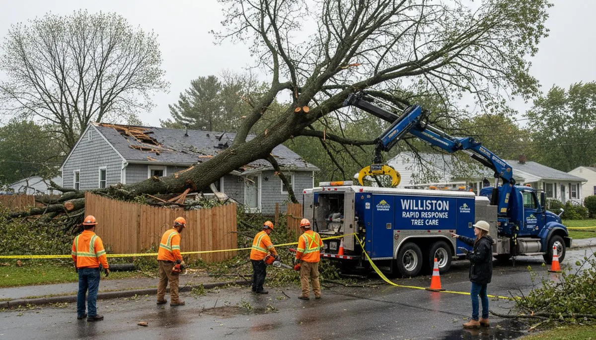 Emergency tree removal crew clearing storm-damaged trees in Williston, Burlington VT neighborhood