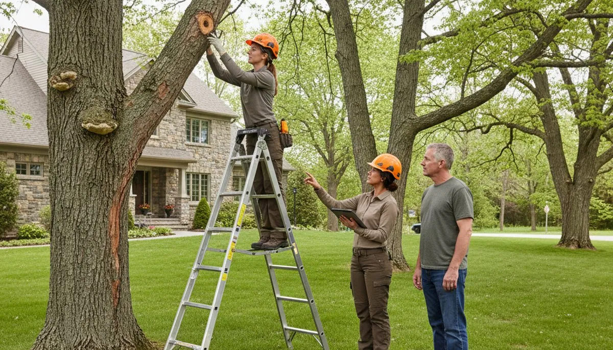 Certified arborist performing tree health assessment in Shelburne, VT for Burlington tree removal services