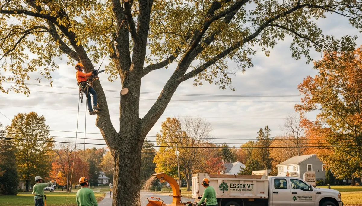 Professional tree removal service in Burlington VT safely cutting down large oak tree