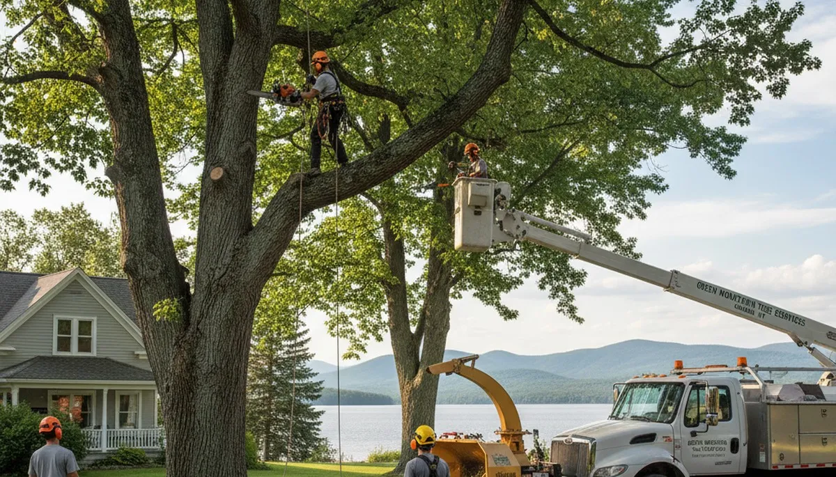 Professional tree removal service in Burlington VT safely cutting large trees near residential property