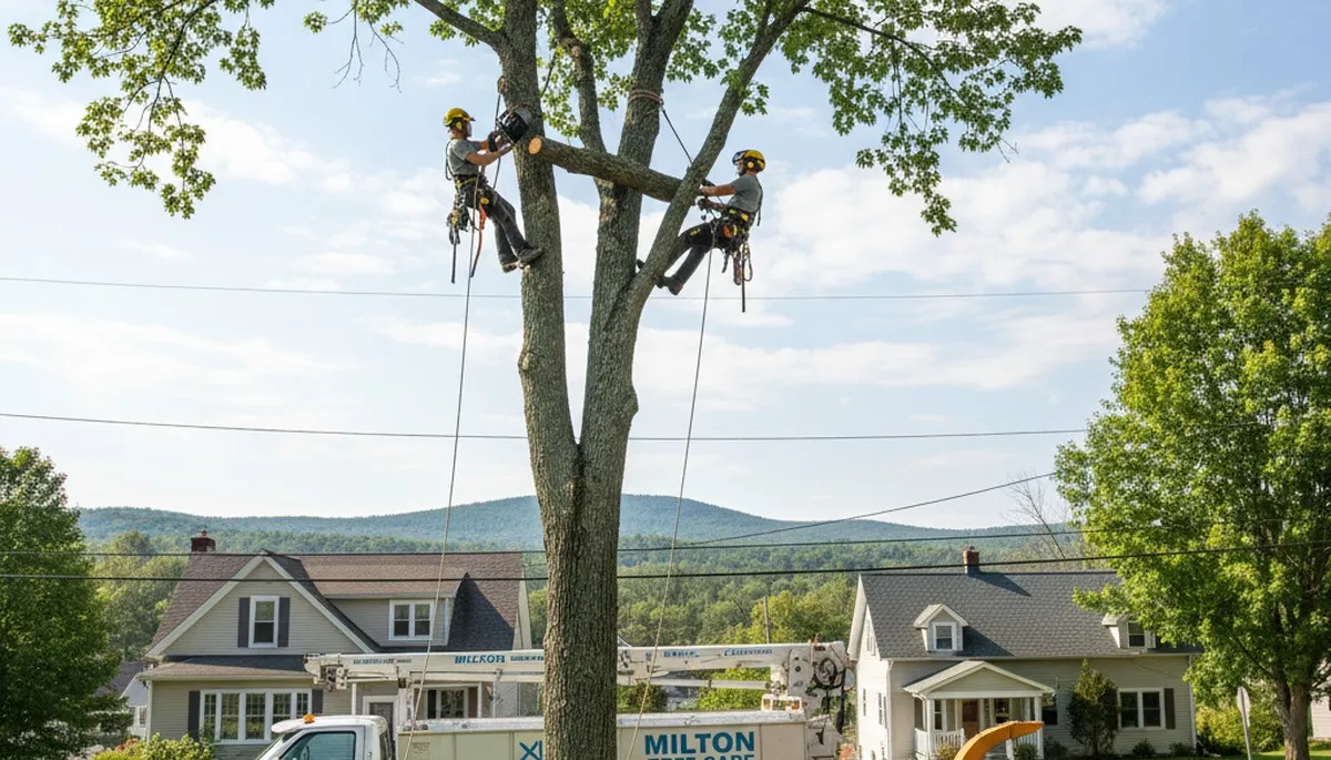 Professional tree removal service in Burlington VT safely cutting large oak tree branches