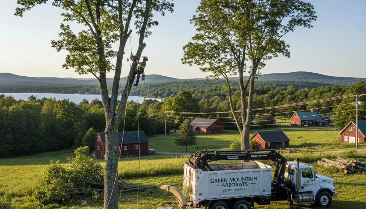 Professional tree removal service in Burlington VT safely clearing large oak from residential yard
